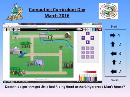 Computing Curriculum Day March 2016 Does this algorithm get Little Red Riding Hood to the Gingerbread Man’s house? 4 2 3 2 Start Finish.
