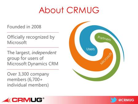 @CRMUG About CRMUG Users Partners Microsoft Founded in 2008 Officially recognized by Microsoft The largest, independent group for users of Microsoft Dynamics.