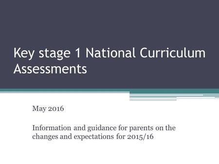 Key stage 1 National Curriculum Assessments May 2016 Information and guidance for parents on the changes and expectations for 2015/16.