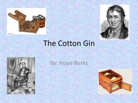 The Cotton Gin by: Hope Burks. Who Invented It Eli Whitney's invented the Cotton Gin. He was born in Westborough,Massachusetls in 1765 he died in January.