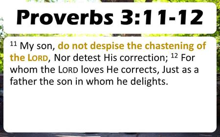 Proverbs 3:11-12 11 My son, do not despise the chastening of the L ORD, Nor detest His correction; 12 For whom the L ORD loves He corrects, Just as a father.