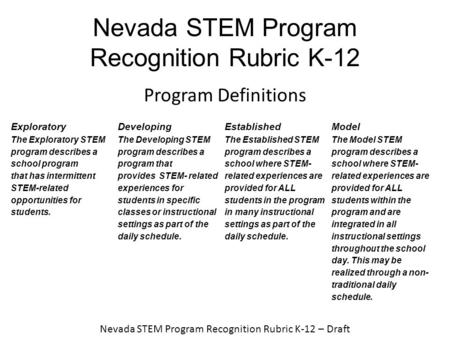 Nevada STEM Program Recognition Rubric K-12 Program Definitions Exploratory The Exploratory STEM program describes a school program that has intermittent.