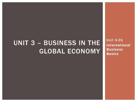 UNIT 3 – BUSINESS IN THE GLOBAL ECONOMY Unit 3.01 International Business Basics.