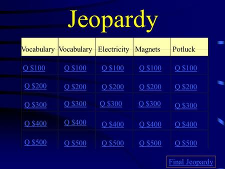 Jeopardy Vocabulary ElectricityMagnets Potluck Q $100 Q $200 Q $300 Q $400 Q $500 Q $100 Q $200 Q $300 Q $400 Q $500 Final Jeopardy.