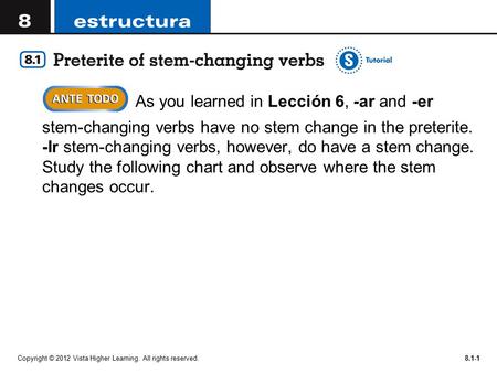 Copyright © 2012 Vista Higher Learning. All rights reserved.8.1-1  As you learned in Lección 6, -ar and -er stem-changing verbs have no stem change in.