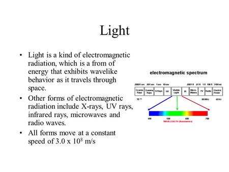 Light Light is a kind of electromagnetic radiation, which is a from of energy that exhibits wavelike behavior as it travels through space. Other forms.