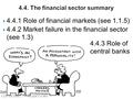  4.4.1 Role of financial markets (see 1.1.5)  4.4.2 Market failure in the financial sector (see 1.3) 4.4.3 Role of central banks.