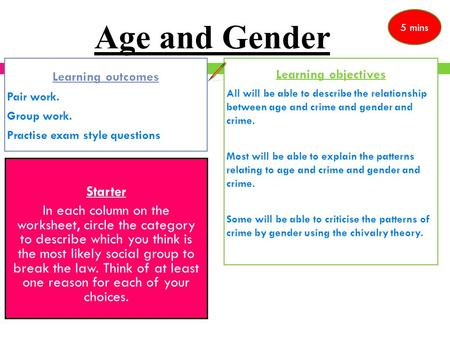 Age and Gender Starter In each column on the worksheet, circle the category to describe which you think is the most likely social group to break the law.