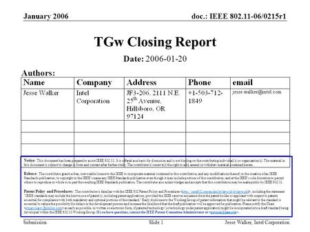Doc.: IEEE 802.11-06/0215r1 Submission January 2006 Jesse Walker, Intel CorporationSlide 1 TGw Closing Report Notice: This document has been prepared to.