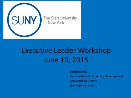 Fardin Sanai Vice President, University Development University at Albany 1 Executive Leader Workshop June 10, 2015.