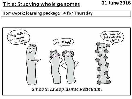 Title: Studying whole genomes Homework: learning package 14 for Thursday 21 June 2016.