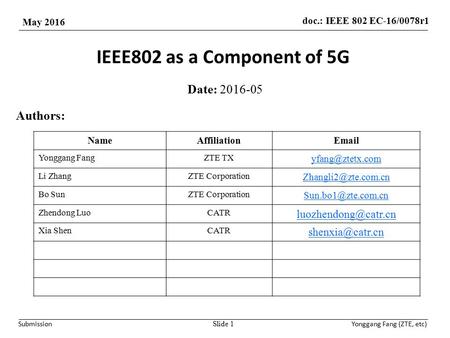 Doc.: IEEE 802 EC-16/0078r1 May 2016 SubmissionYonggang Fang (ZTE, etc) IEEE802 as a Component of 5G Date: 2016-05 Slide 1 Authors: NameAffiliationEmail.
