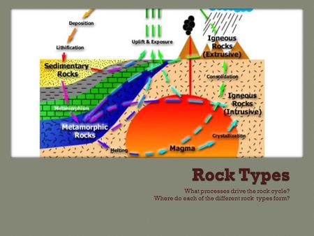 What processes drive the rock cycle? Where do each of the different rock types form?