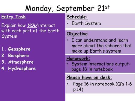 Monday, September 21st Entry Task Schedule: Earth System