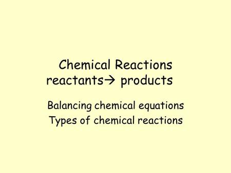 Chemical Reactions reactants  products Balancing chemical equations Types of chemical reactions.