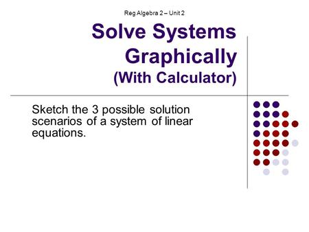 Solve Systems Graphically (With Calculator) Sketch the 3 possible solution scenarios of a system of linear equations. Reg Algebra 2 – Unit 2.