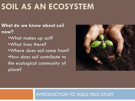SOIL AS AN ECOSYSTEM INTRODUCTION TO SOILS FIELD STUDY What do we know about soil now? What makes up soil? What lives there? Where does soil come from?