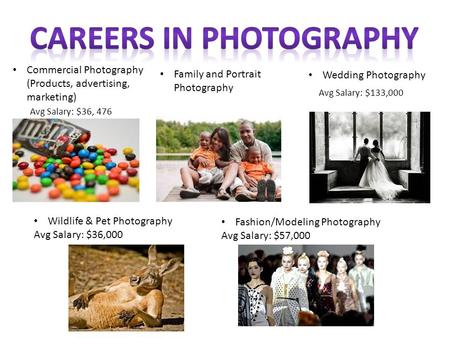 Commercial Photography (Products, advertising, marketing) Family and Portrait Photography Wedding Photography Avg Salary: $36, 476 Avg Salary: $133,000.