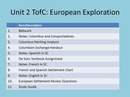 Unit 2 TofC: European Exploration Item/Description 1.Bellwork 2.Notes: Columbus and Conquistadores 3.Columbus Painting Analysis 4.Columbian Exchange Handout.