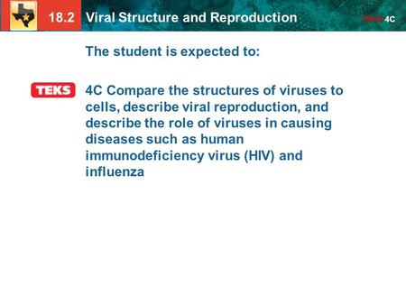 18.2 Viral Structure and Reproduction TEKS 4C The student is expected to: 4C Compare the structures of viruses to cells, describe viral reproduction, and.