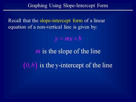 Recall that the slope-intercept form of a linear equation of a non-vertical line is given by: Graphing Using Slope-Intercept Form.