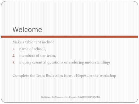 Welcome Make a table tent include 1. name of school, 2. members of the team, 3. inquiry essential questions or enduring understandings Complete the Team.