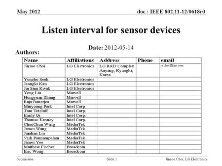 Doc.: IEEE 802.11-12/0618r0 Submission Listen interval for sensor devices May 2012 Slide 1 Date: 2012-05-14 Authors: Jinsoo Choi, LG Electronics.