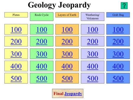 Geology Jeopardy 100 200 300 400 500 100 200 300 400 500 100 200 300 400 500 100 200 300 400 500 100 200 300 400 500 PlatesRock CycleLayers of EarthWeathering/