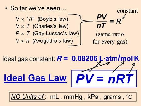 V  1/P (Boyle’s law) V  T (Charles’s law) P  T (Gay-Lussac’s law) V  n (Avogadro’s law) So far we’ve seen… PV nT = R ideal gas constant: R = 0.08206.