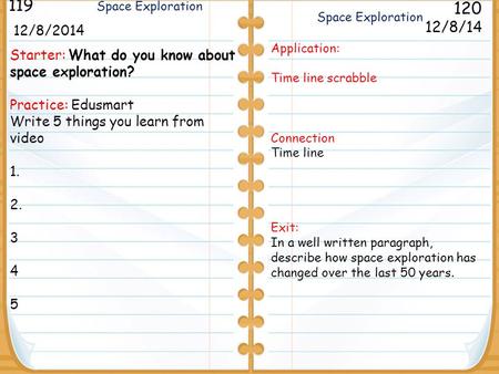Starter: What do you know about space exploration? Practice: Edusmart Write 5 things you learn from video 1. 2. 3 4 5 12/8/2014 119 120 Space Exploration.