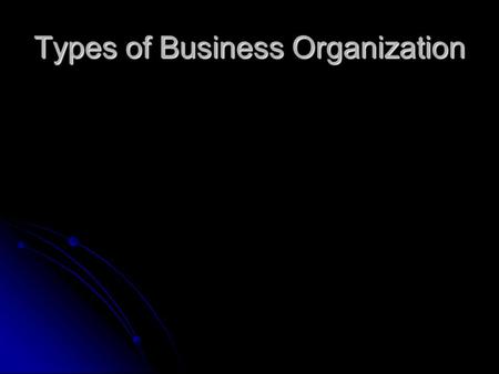 Types of Business Organization. Sole Proprietorship Business that is owned and operated by one person Business that is owned and operated by one person.