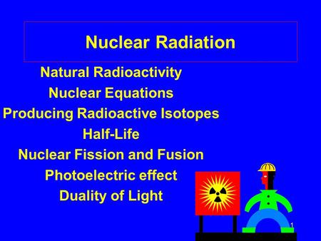 1 Nuclear Radiation Natural Radioactivity Nuclear Equations Producing Radioactive Isotopes Half-Life Nuclear Fission and Fusion Photoelectric effect Duality.