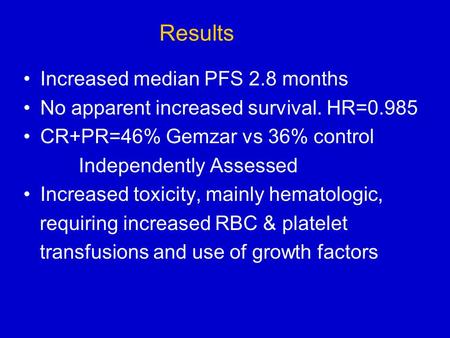 Results Increased median PFS 2.8 months No apparent increased survival. HR=0.985 CR+PR=46% Gemzar vs 36% control Independently Assessed Increased toxicity,