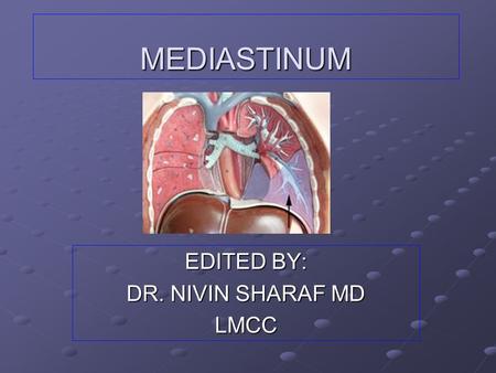 MEDIASTINUM EDITED BY: DR. NIVIN SHARAF MD LMCC. OBJECTIVES By the end of this lecture the students should be able to: Define mediastinum. Enlist the.