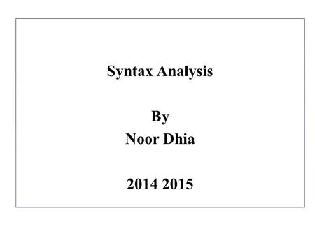 Syntax Analysis By Noor Dhia 2014 2015. Syntax analysis:- Syntax analysis or parsing is the most important phase of a compiler. The syntax analyzer considers.