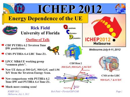ICHEP 2012 Melbourne, July 5, 2012 Rick Field – Florida/CDF/CMSPage 1 ICHEP 2012 Rick Field University of Florida Outline of Talk CMS at the LHC CDF Run.
