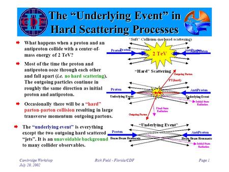 Cambridge Workshop July 20, 2002 Rick Field - Florida/CDFPage 1 The “Underlying Event” in Hard Scattering Processes  What happens when a proton and an.