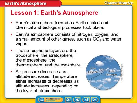 Key Concepts 1 Earth’s atmosphere formed as Earth cooled and chemical and biological processes took place. Earth’s atmosphere consists of nitrogen, oxygen,