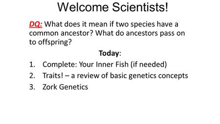 Welcome Scientists! DQ: What does it mean if two species have a common ancestor? What do ancestors pass on to offspring? Today: 1.Complete: Your Inner.