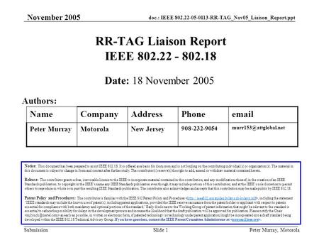 Doc.: IEEE 802.22-05-0113-RR-TAG_Nov05_Liaison_Report.ppt Submission November 2005 Peter Murray, MotorolaSlide 1 RR-TAG Liaison Report IEEE 802.22 - 802.18.