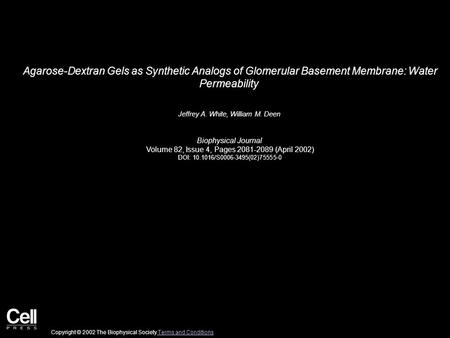 Agarose-Dextran Gels as Synthetic Analogs of Glomerular Basement Membrane: Water Permeability Jeffrey A. White, William M. Deen Biophysical Journal Volume.