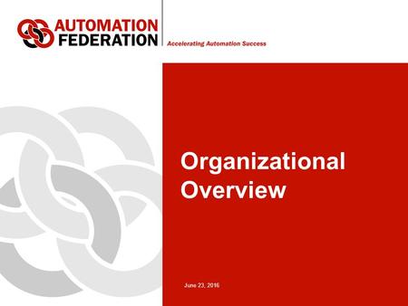 June 23, 2016 Organizational Overview. 2 Automation Federation Background A fragmented community of automation professional associations and societies.