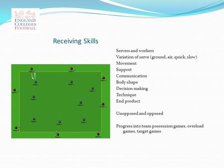 Receiving Skills Servers and workers Variation of serve (ground, air, quick, slow) Movement Support Communication Body shape Decision making Technique.