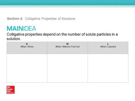 Colligative properties depend on the number of solute particles in a solution. Section 4: Colligative Properties of Solutions K What I Know W What I Want.