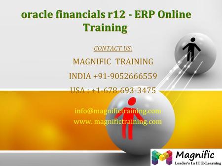 Oracle financials r12 - ERP Online Training CONTACT US: MAGNIFIC TRAINING INDIA +91-9052666559 USA : +1-678-693-3475 www. magnifictraining.com.