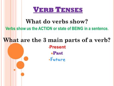 V ERB T ENSES What do verbs show? Verbs show us the ACTION or state of BEING in a sentence. What are the 3 main parts of a verb? Present Past Future.