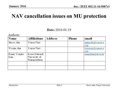 Submission doc.: IEEE 802.11-16/0087r1 January 2016 Jinsoo Ahn, Yonsei UniversitySlide 1 NAV cancellation issues on MU protection Date: 2016-01-19 Authors:
