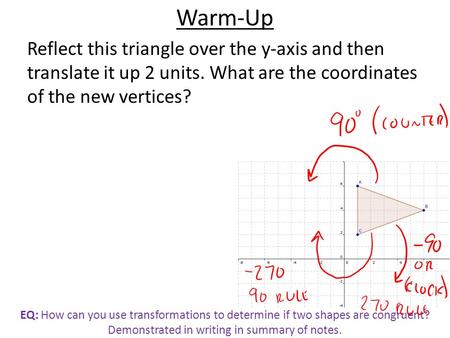 EQ: How can you use transformations to determine if two shapes are congruent? Demonstrated in writing in summary of notes. Warm-Up Reflect this triangle.