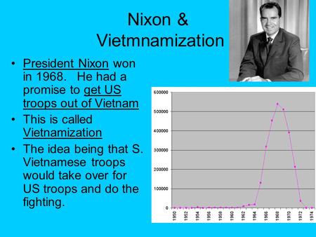 Nixon & Vietmnamization President Nixon won in 1968. He had a promise to get US troops out of Vietnam This is called Vietnamization The idea being that.