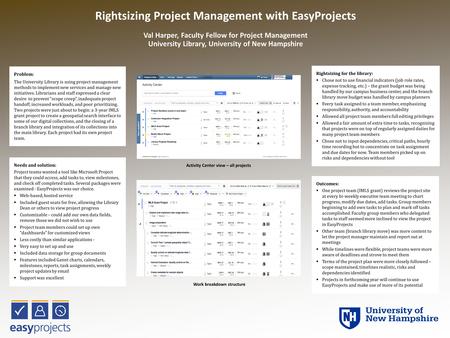 Rightsizing Project Management with EasyProjects Val Harper, Faculty Fellow for Project Management University Library, University of New Hampshire Problem: